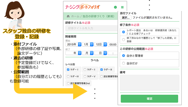 スタッフ独自の研修を登録可能。添付ファイル、過去の研修、公開範囲も